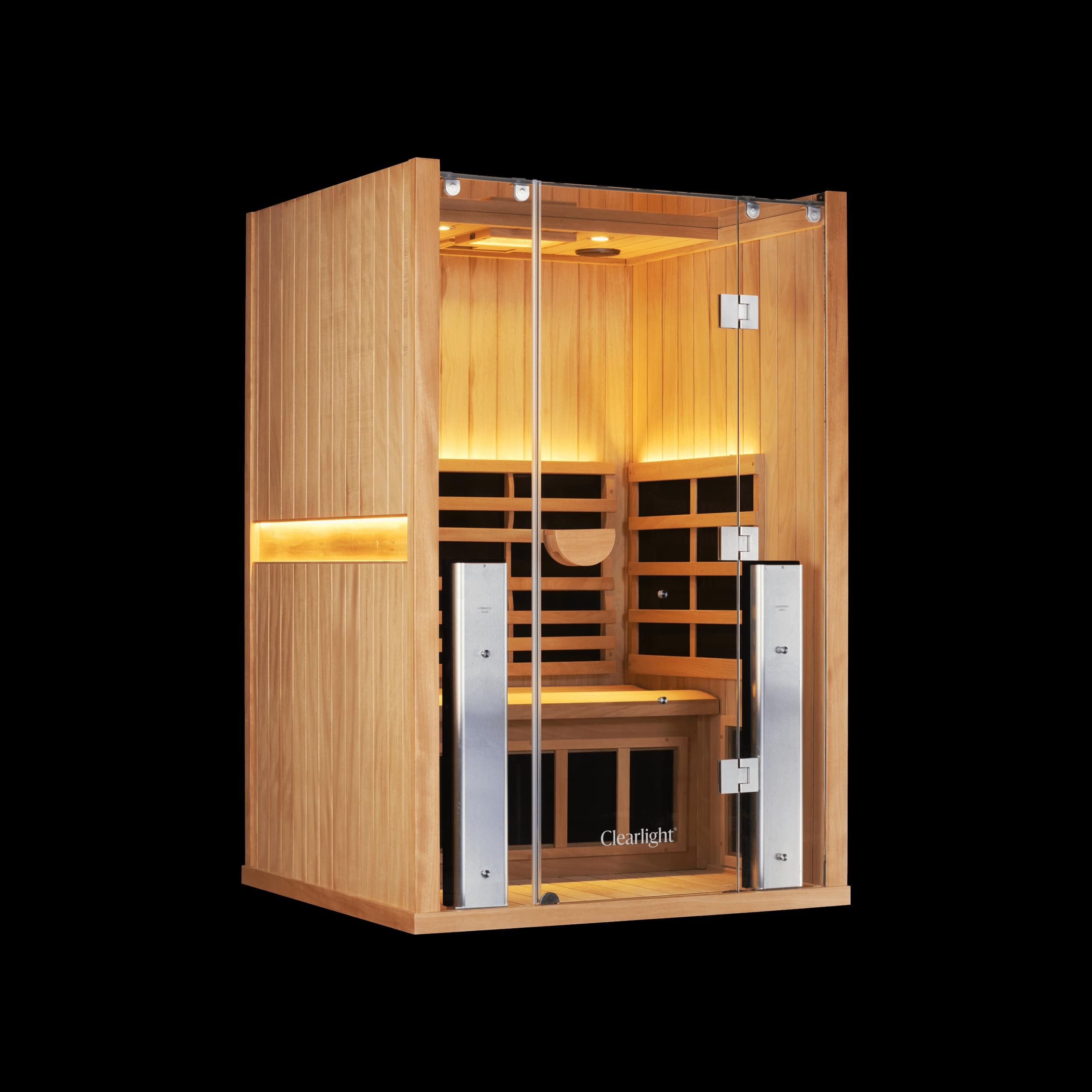 Clearlight Sanctuary 2 in mahogany with a glass front, lit LED strips and two heater towers inside