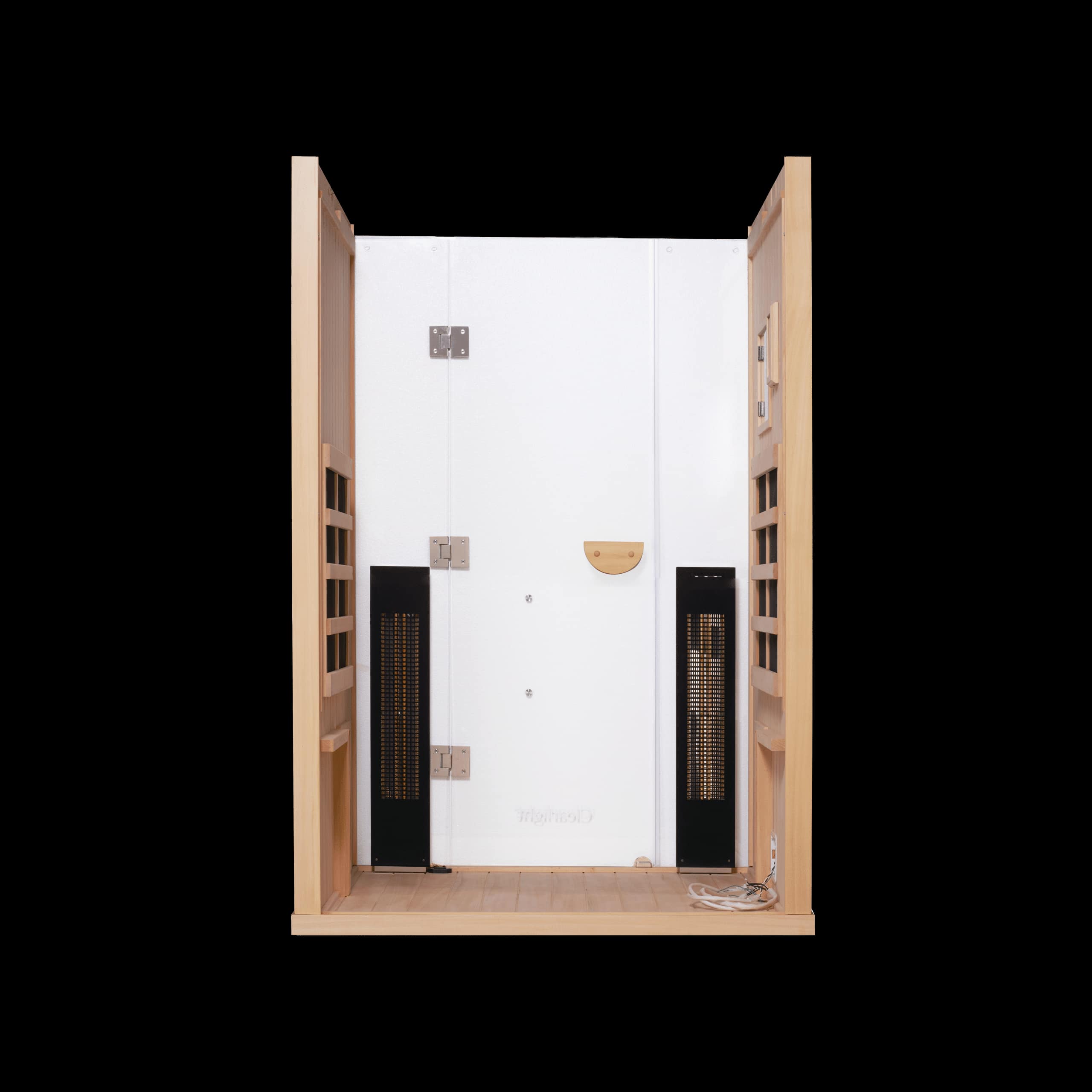View toward the door inside the Clearlight Sanctuary 2 with vertical heaters on both front corners