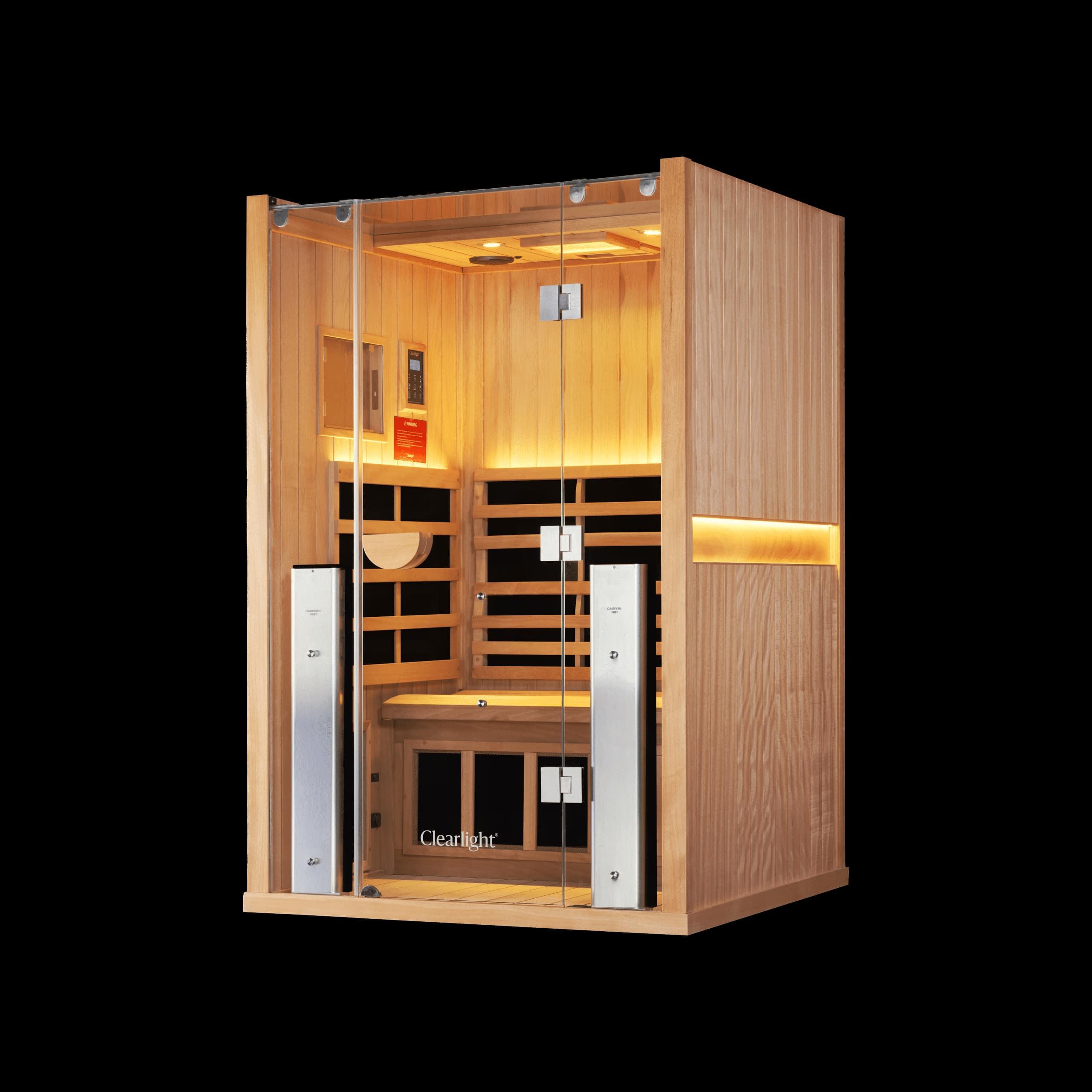 Side view of the Clearlight Sanctuary 2 with its glass front and the LED strip along the side panel