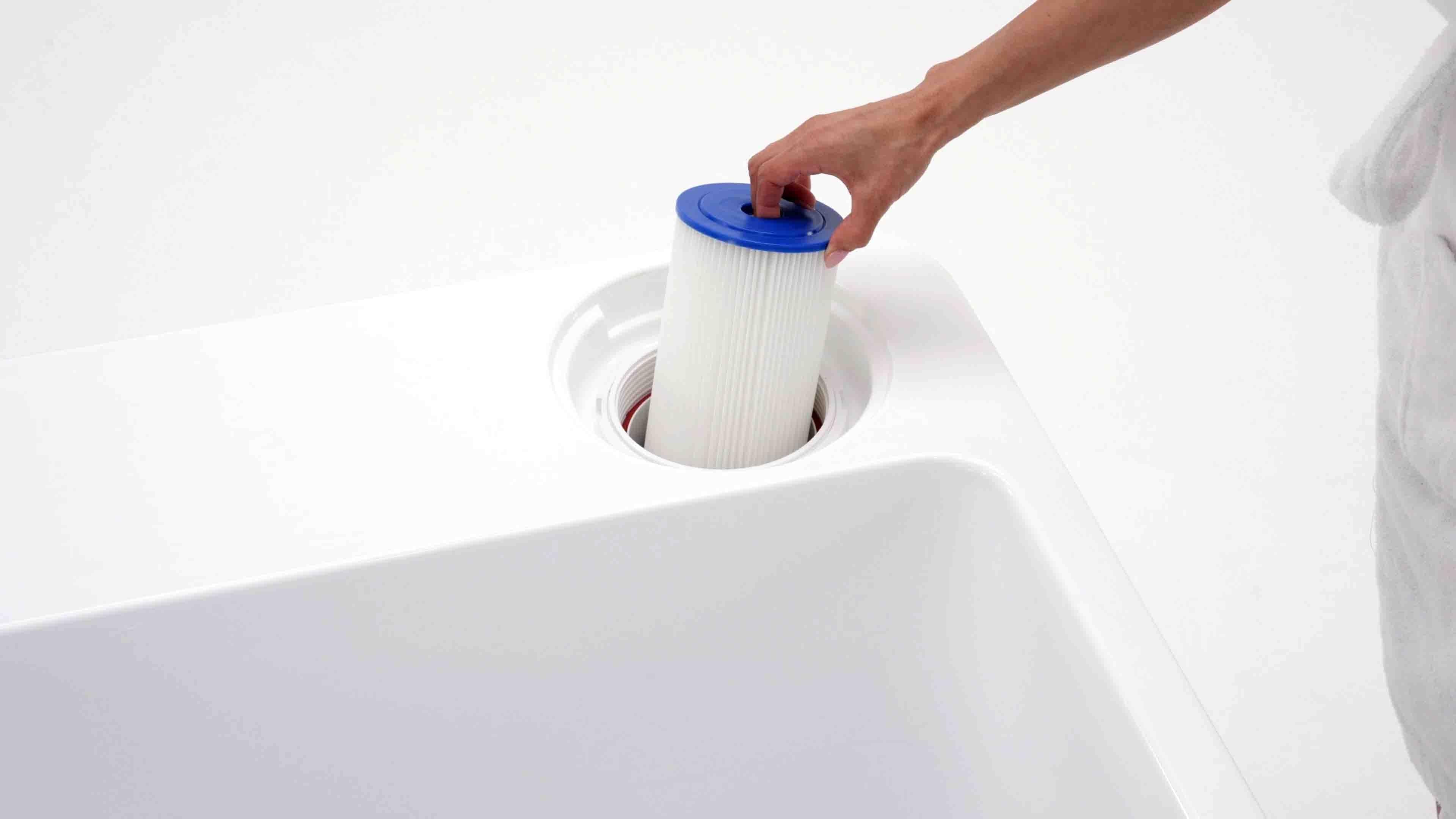 A hand lifting the filter cartridge out of the filter well in a Plunge All-In