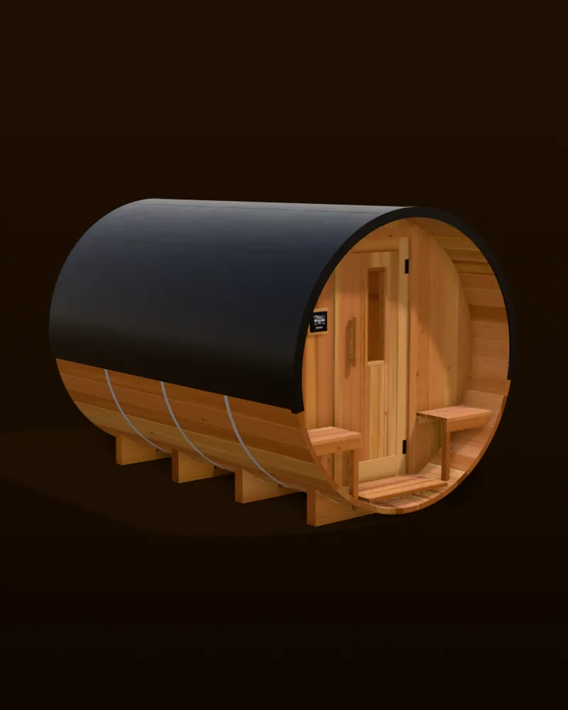 3D model of the Nootka 10ft barrel sauna in cedar with a black metal roof, seen from the front porch side
