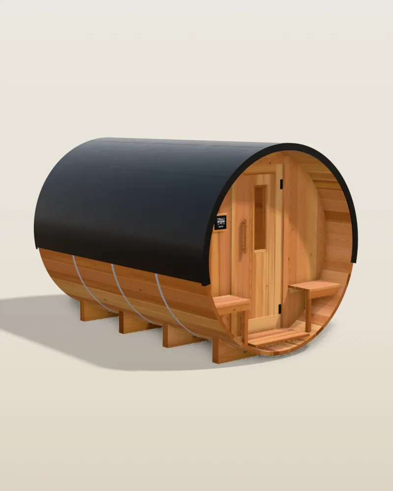 3D model of the Nootka 10ft barrel sauna in cedar with a black metal roof, seen from the front porch side
