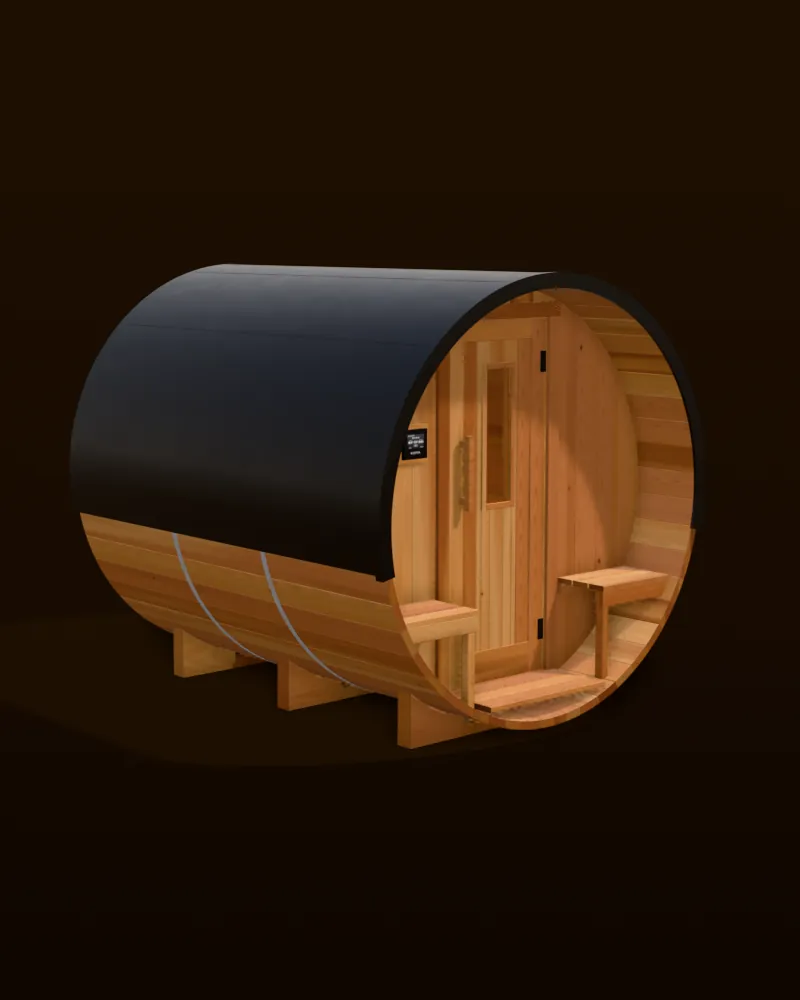 3D model of the Nootka 8ft barrel sauna in clear cedar with a black metal roof, seen from the front porch side