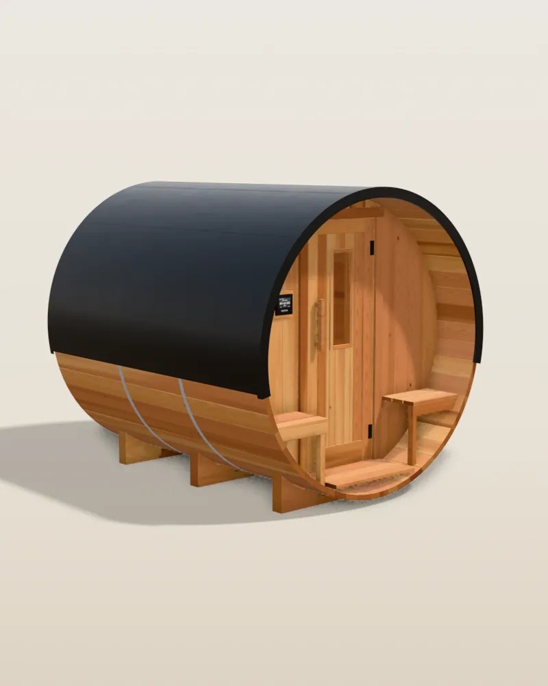 3D model of the Nootka 8ft barrel sauna in clear cedar with a black metal roof, seen from the front porch side