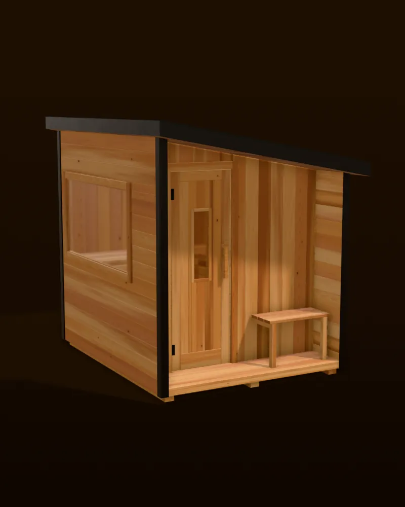 3D model of the Nootka Cube sauna in cedar with a black shed roof and covered porch