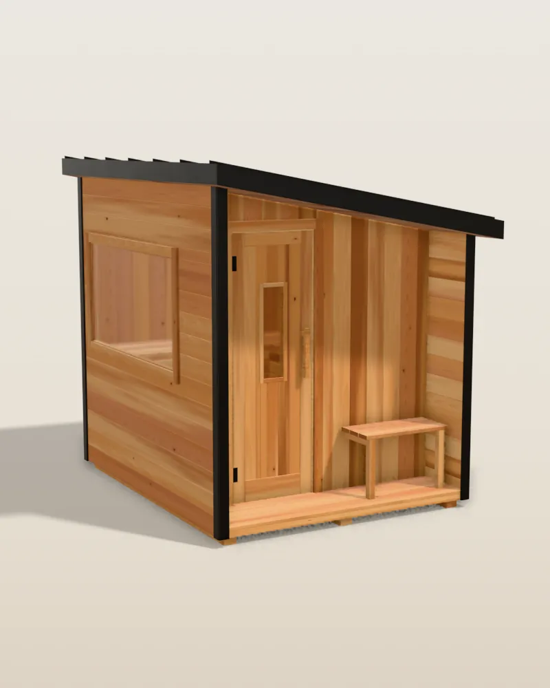 3D model of the Nootka Cube sauna in cedar with a black shed roof and covered porch