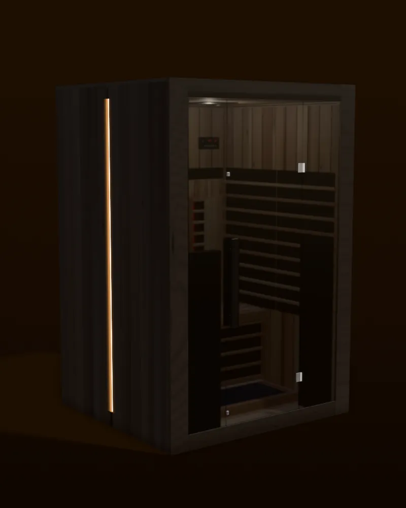 3D model of the Sun Home Eclipse 2 red light infrared sauna in black with a dark glass front and a pale hemlock interior