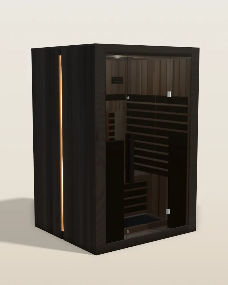 3D model of the Sun Home Eclipse 2 red light infrared sauna in black with a dark glass front and a pale hemlock interior