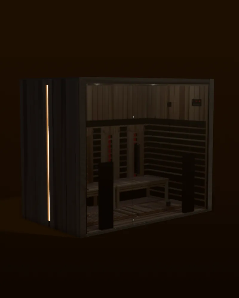 3D model of the wide Sun Home Eclipse 4 red light infrared sauna in black with a dark glass front and four backrests inside