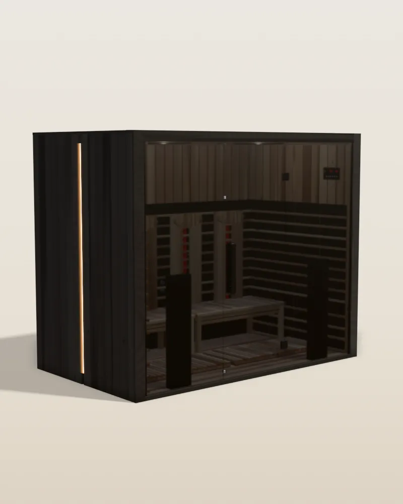 3D model of the wide Sun Home Eclipse 4 red light infrared sauna in black with a dark glass front and four backrests inside