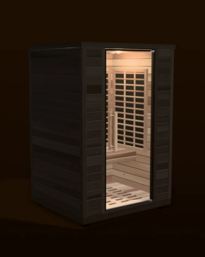 3D model of the Sun Home Equinox 2 full-spectrum infrared sauna in black with a centered glass door