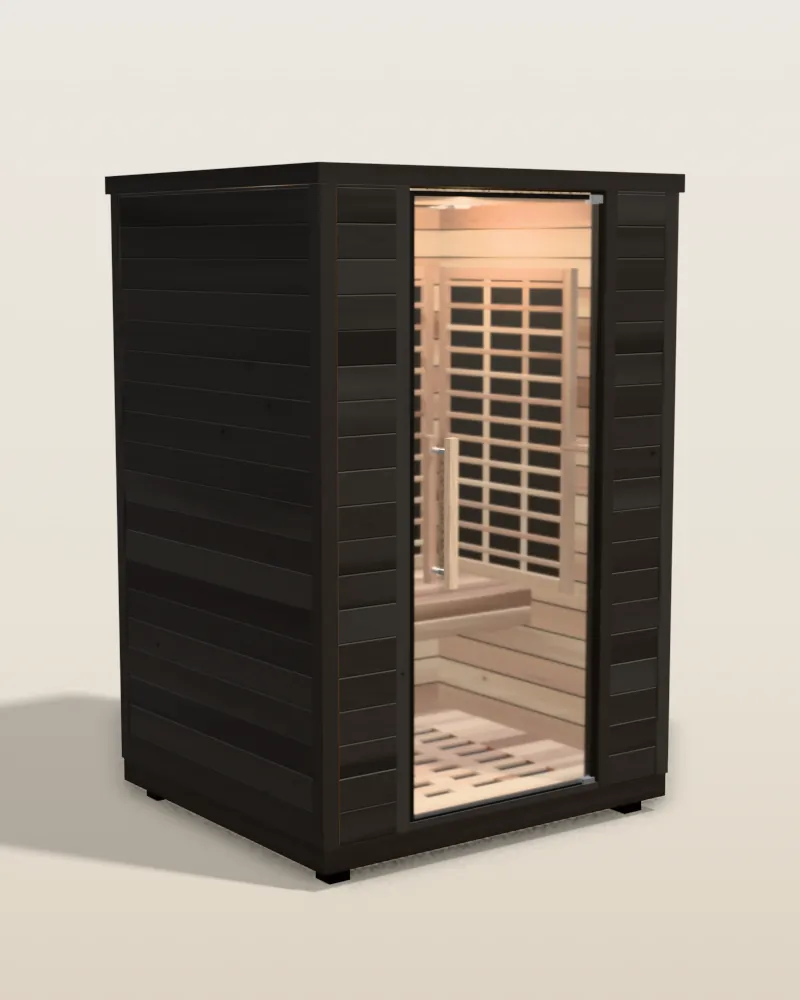 3D model of the Sun Home Equinox 2 full-spectrum infrared sauna in black with a centered glass door