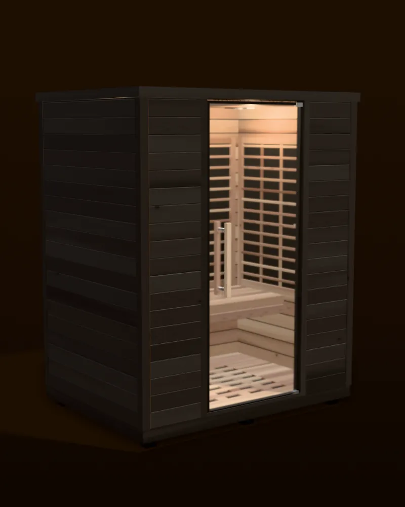 3D model of the wide Sun Home Equinox 3 full-spectrum infrared sauna in black with a centered glass door