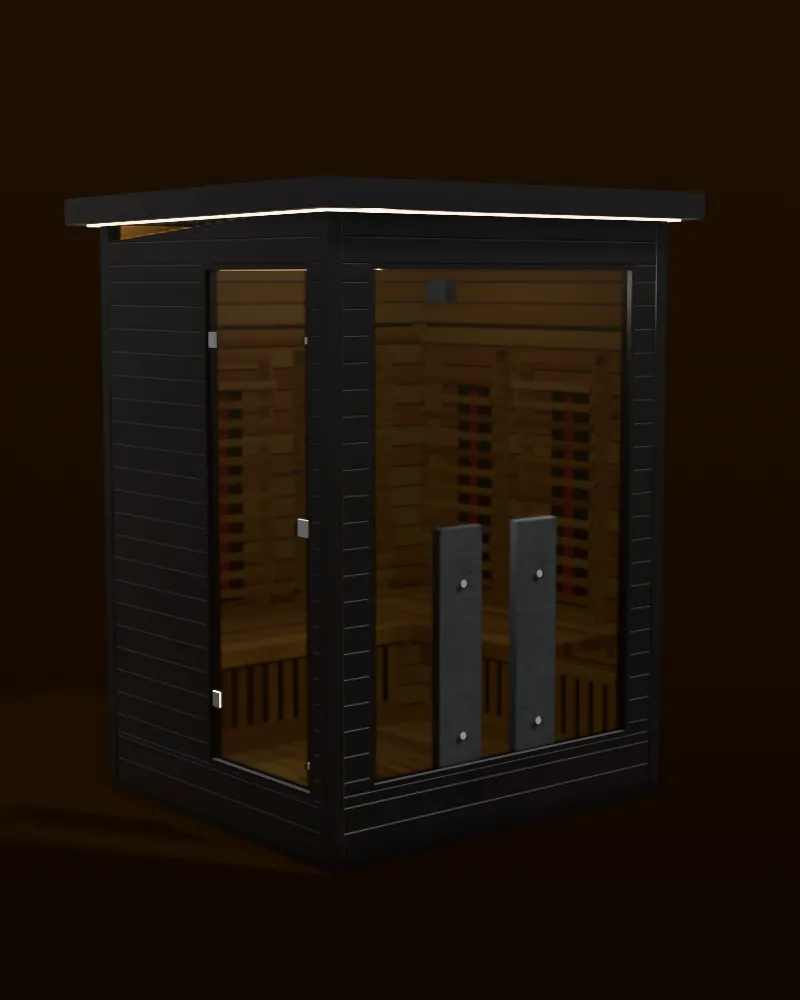3D model of the Sun Home Luminar 2 outdoor infrared sauna in dark aluminum with a tinted glass front and a door in its end wall