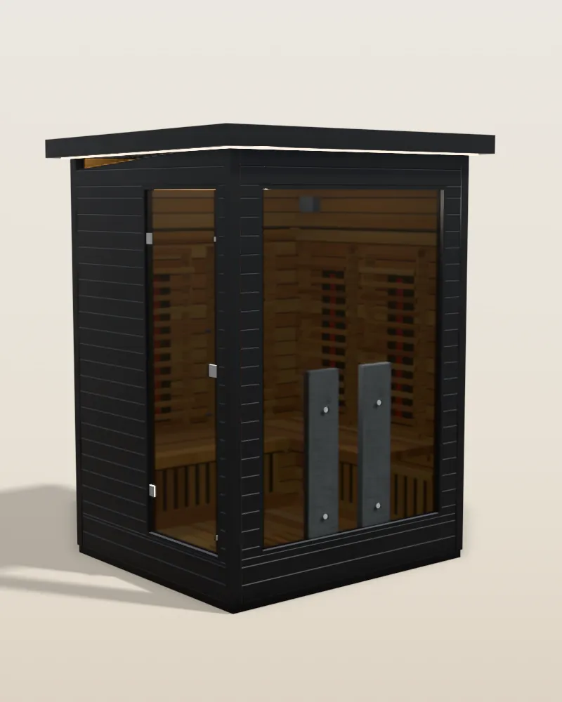 3D model of the Sun Home Luminar 2 outdoor infrared sauna in dark aluminum with a tinted glass front and a door in its end wall