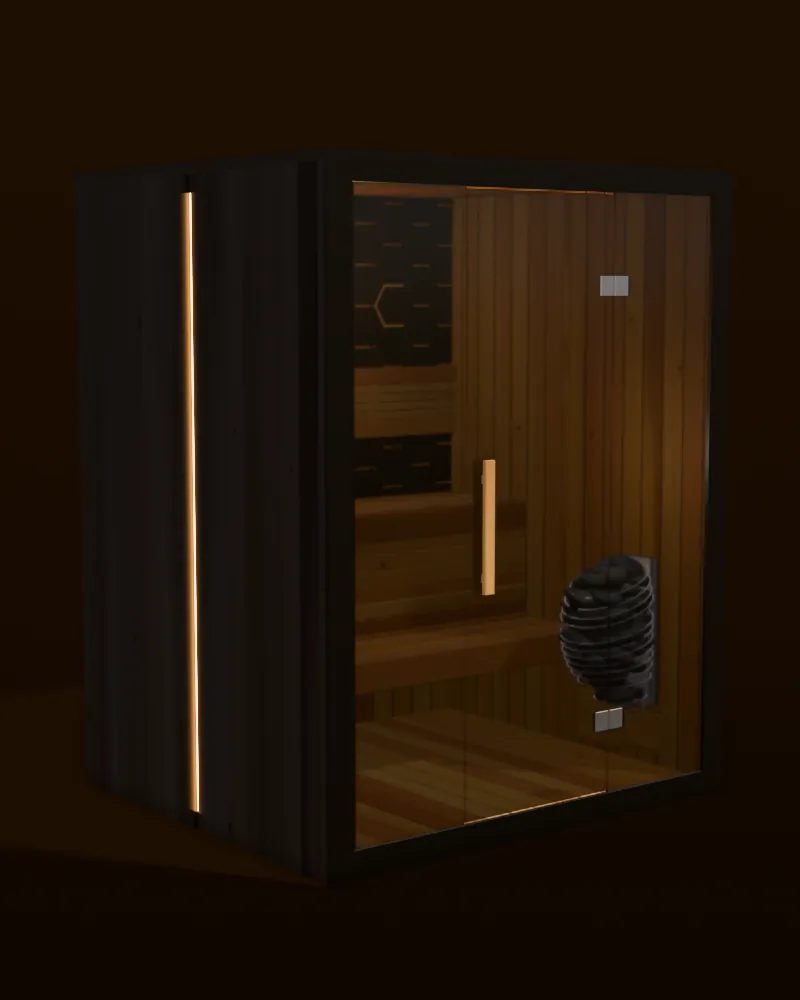 3D model of the Sun Home Nova 3 traditional sauna in black cedar with a black glass front and a HUUM heater inside