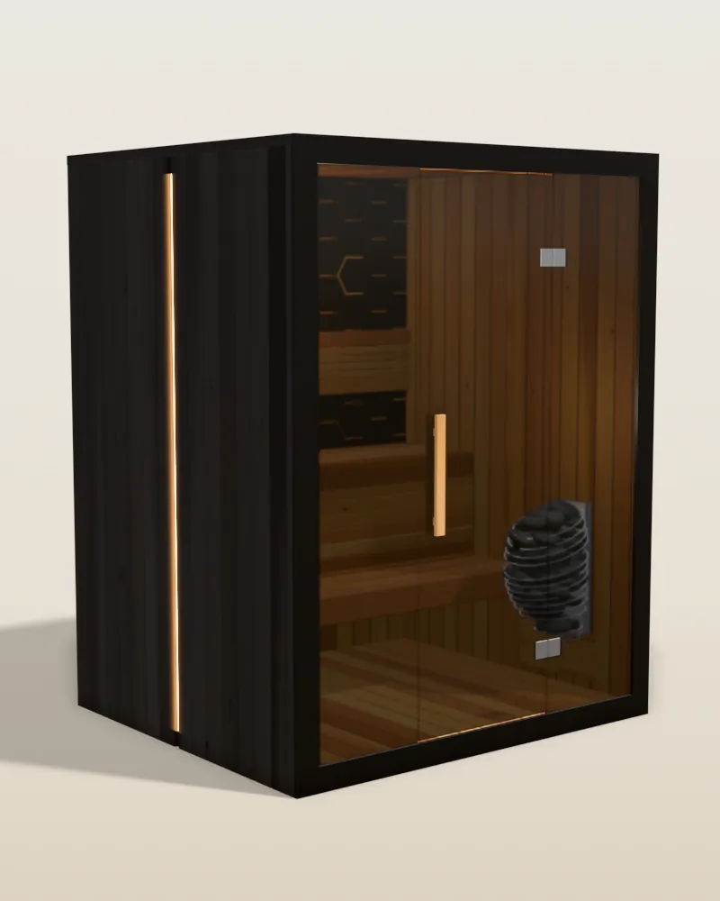 3D model of the Sun Home Nova 3 traditional sauna in black cedar with a black glass front and a HUUM heater inside