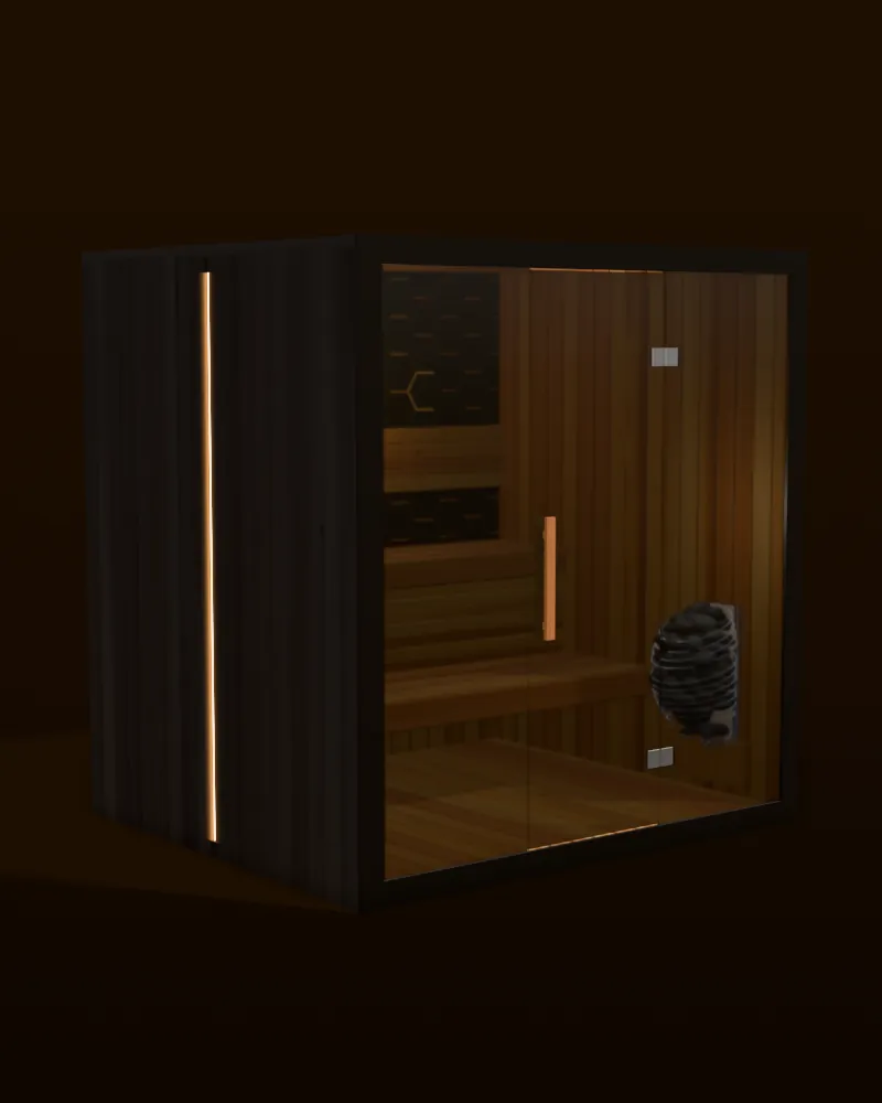 3D model of the wide Sun Home Nova 6 traditional sauna in black cedar with a black glass front and two bench tiers inside