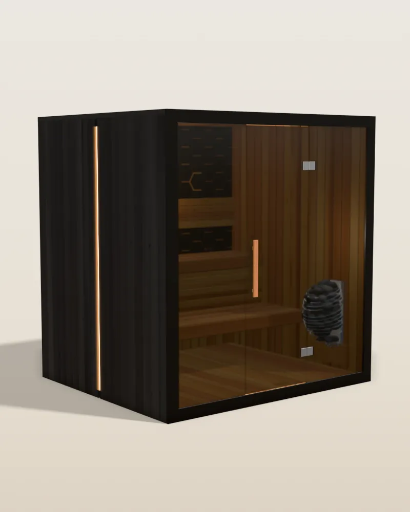 3D model of the wide Sun Home Nova 6 traditional sauna in black cedar with a black glass front and two bench tiers inside