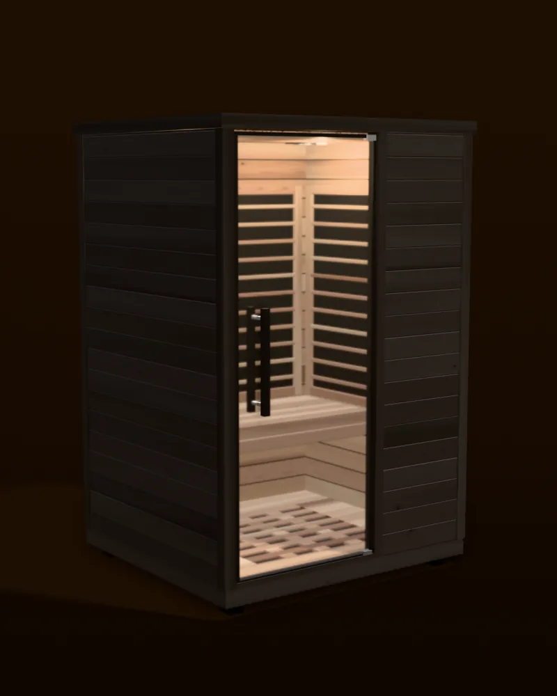 3D model of the Sun Home Solstice 2 infrared sauna in black with a glass door and a pale eucalyptus interior