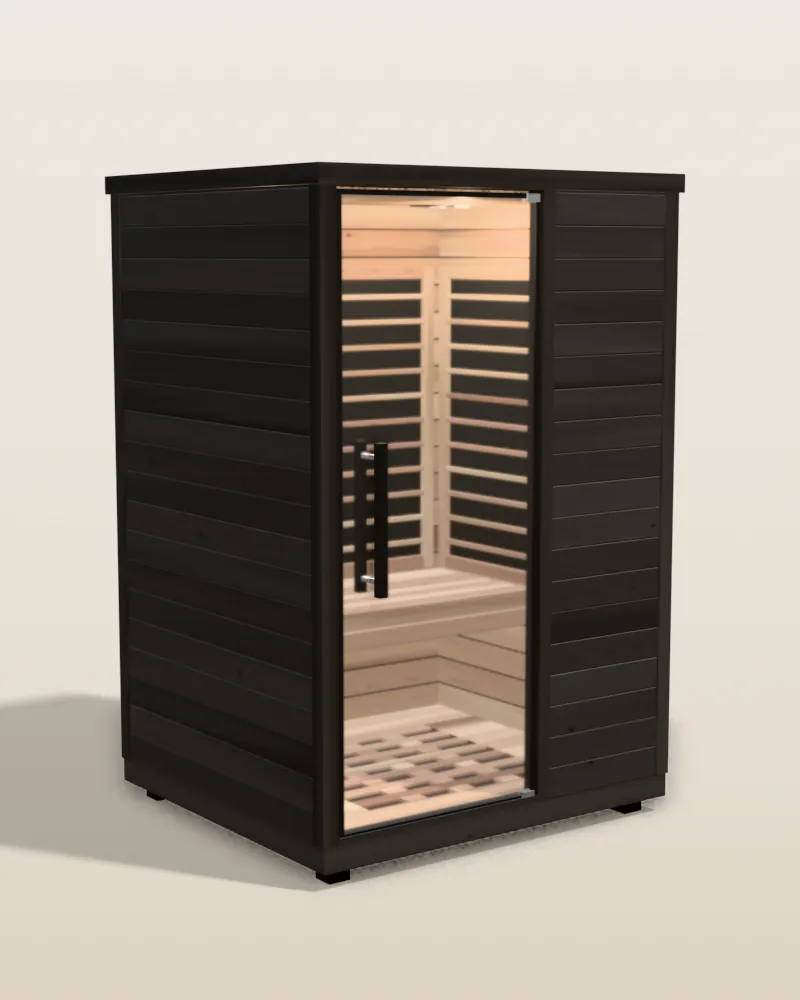 3D model of the Sun Home Solstice 2 infrared sauna in black with a glass door and a pale eucalyptus interior