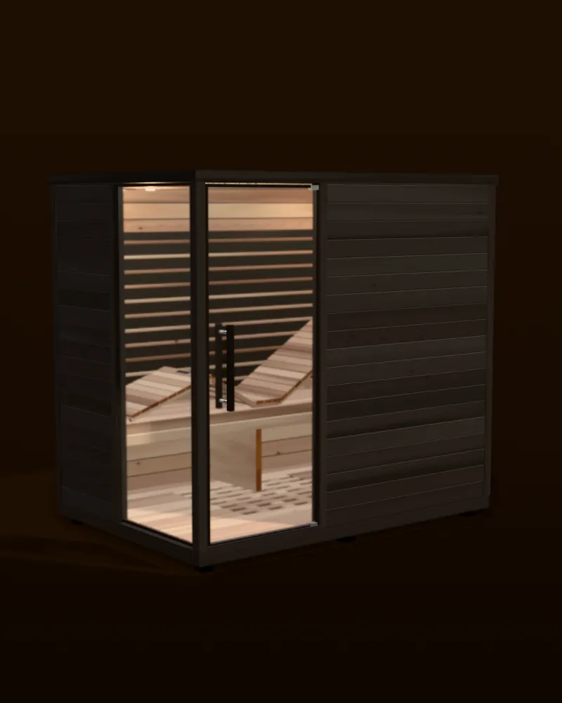 3D model of the Sun Home Solstice 4 infrared sauna in black with a glass door and a glass corner