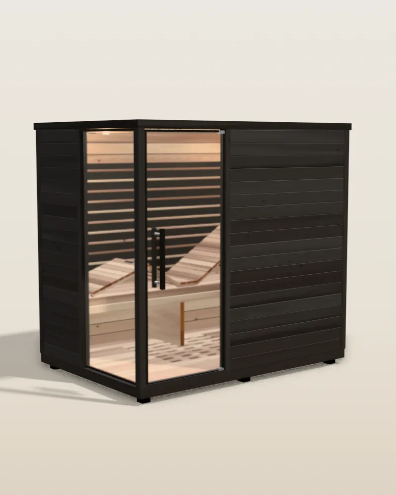 3D model of the Sun Home Solstice 4 infrared sauna in black with a glass door and a glass corner